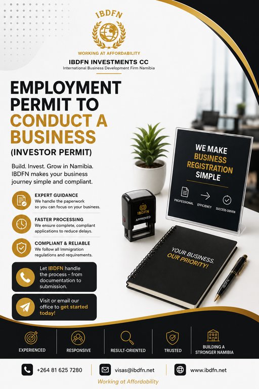 IBDFN Investor Permit flyer — Employment Permit to Conduct a Business, Namibia